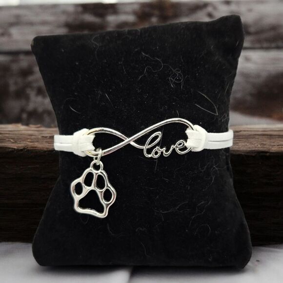 Paw Print 🐾 Dog Mom 🐾 Cat Lady Pet Lover Charm Bracelet White Faux Leather NEW - Picture 3 of 5